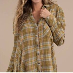 Free People Plaid Button Down Shirt, Juniper Ridge, Green, Size XS